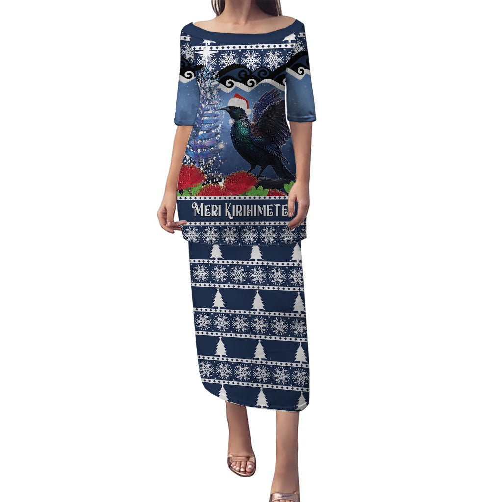 New Zealand Tui Bird Christmas Puletasi Pohutukawa Xmas Tree Meri Kirihimete LT22 Long Dress Blue - Polynesian Pride