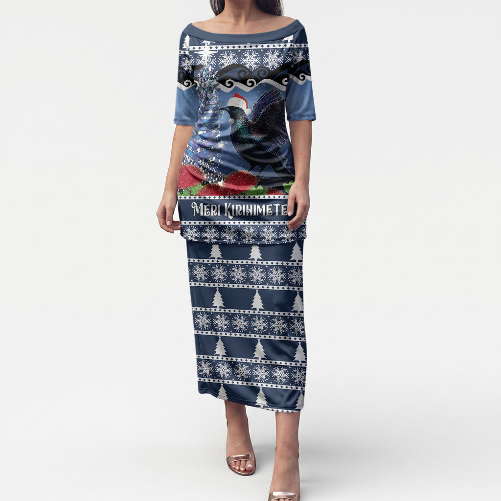 New Zealand Tui Bird Christmas Puletasi Pohutukawa Xmas Tree Meri Kirihimete LT22 Long Dress Blue - Polynesian Pride