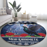 New Zealand Tui Bird Christmas Round Carpet Pohutukawa Xmas Tree Meri Kirihimete LT22 - Polynesian Pride