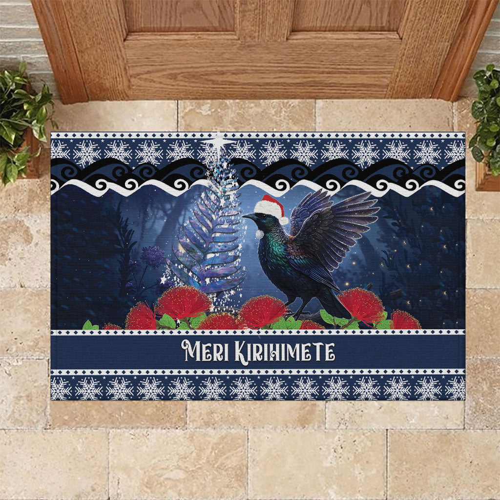 New Zealand Tui Bird Christmas Rubber Doormat Pohutukawa Xmas Tree Meri Kirihimete LT22 Blue - Polynesian Pride