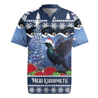 New Zealand Tui Bird Christmas Rugby Jersey Pohutukawa Xmas Tree Meri Kirihimete LT22 Blue - Polynesian Pride