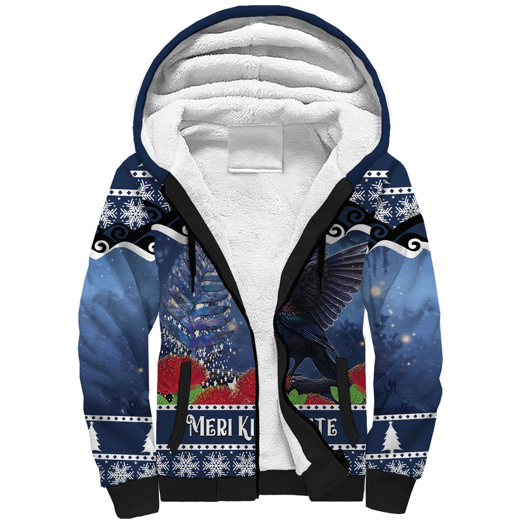New Zealand Tui Bird Christmas Sherpa Hoodie Pohutukawa Xmas Tree Meri Kirihimete LT22 Unisex Blue - Polynesian Pride