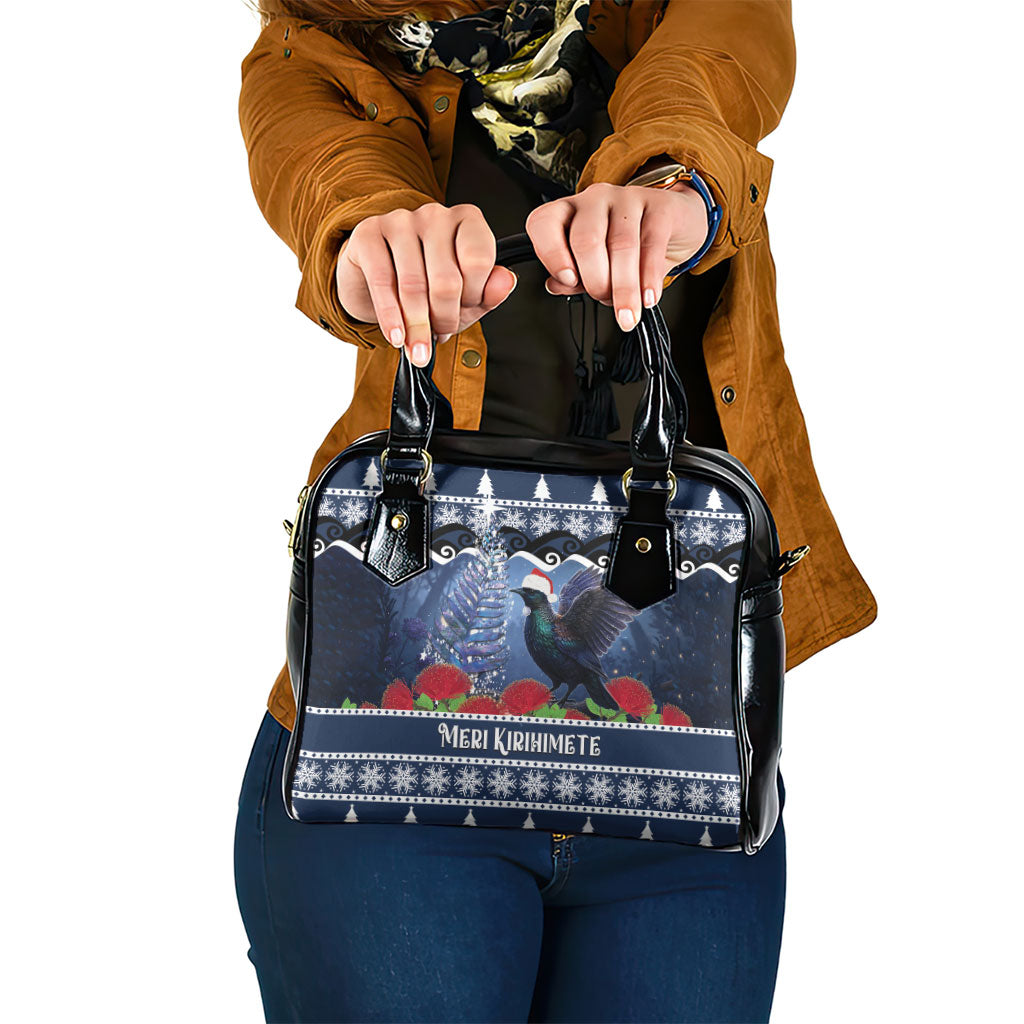 New Zealand Tui Bird Christmas Shoulder Handbag Pohutukawa Xmas Tree Meri Kirihimete LT22 One Size Blue - Polynesian Pride