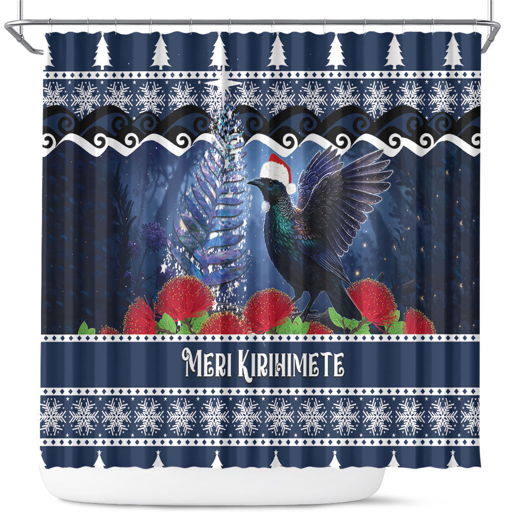 New Zealand Tui Bird Christmas Shower Curtain Pohutukawa Xmas Tree Meri Kirihimete LT22 Blue - Polynesian Pride