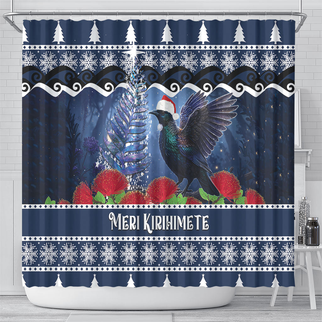 New Zealand Tui Bird Christmas Shower Curtain Pohutukawa Xmas Tree Meri Kirihimete LT22 - Polynesian Pride