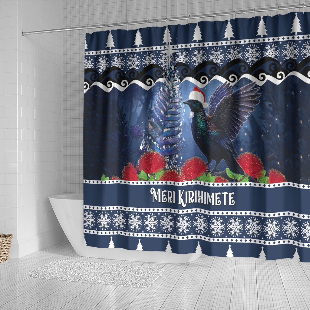 New Zealand Tui Bird Christmas Shower Curtain Pohutukawa Xmas Tree Meri Kirihimete LT22 - Polynesian Pride