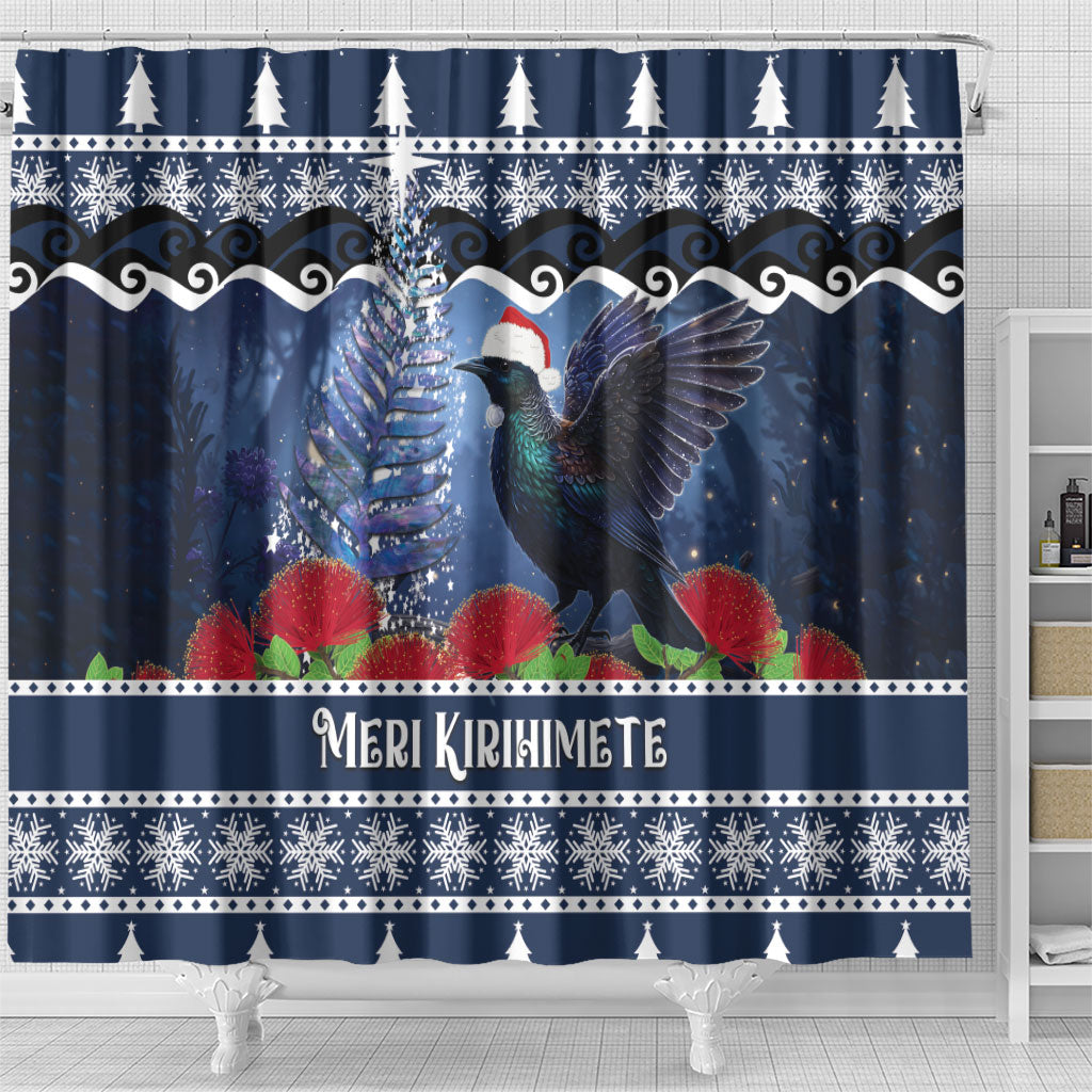 New Zealand Tui Bird Christmas Shower Curtain Pohutukawa Xmas Tree Meri Kirihimete LT22 - Polynesian Pride