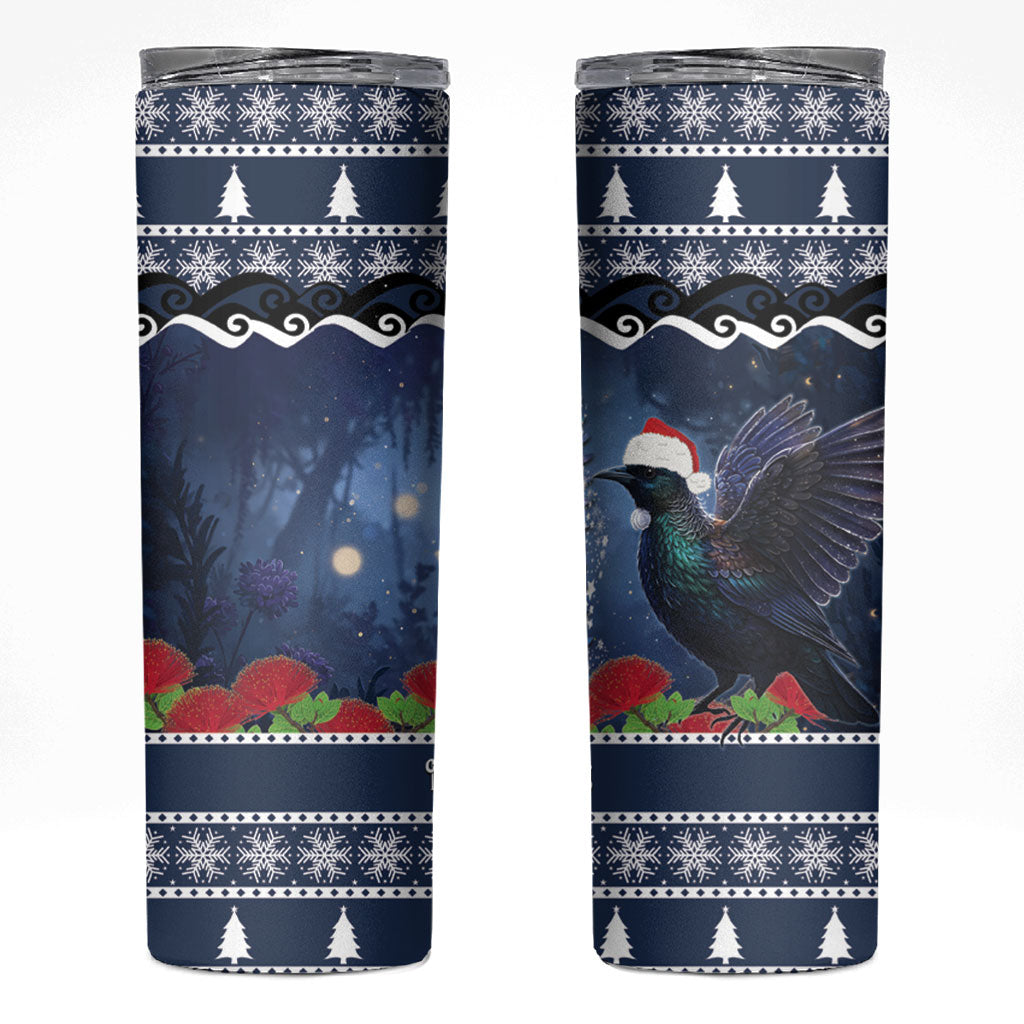 New Zealand Tui Bird Christmas Skinny Tumbler Pohutukawa Xmas Tree Meri Kirihimete LT22 Blue - Polynesian Pride