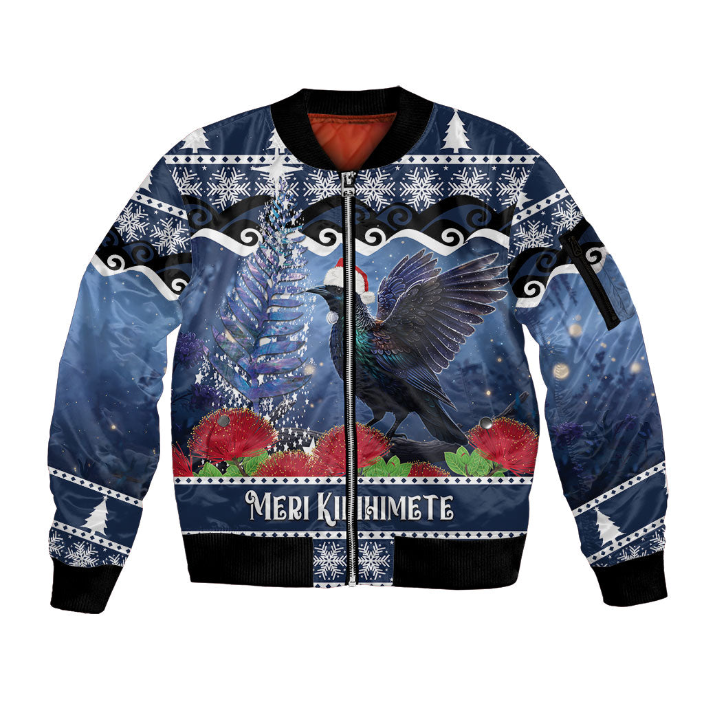 New Zealand Tui Bird Christmas Sleeve Zip Bomber Jacket Pohutukawa Xmas Tree Meri Kirihimete LT22 Unisex Blue - Polynesian Pride