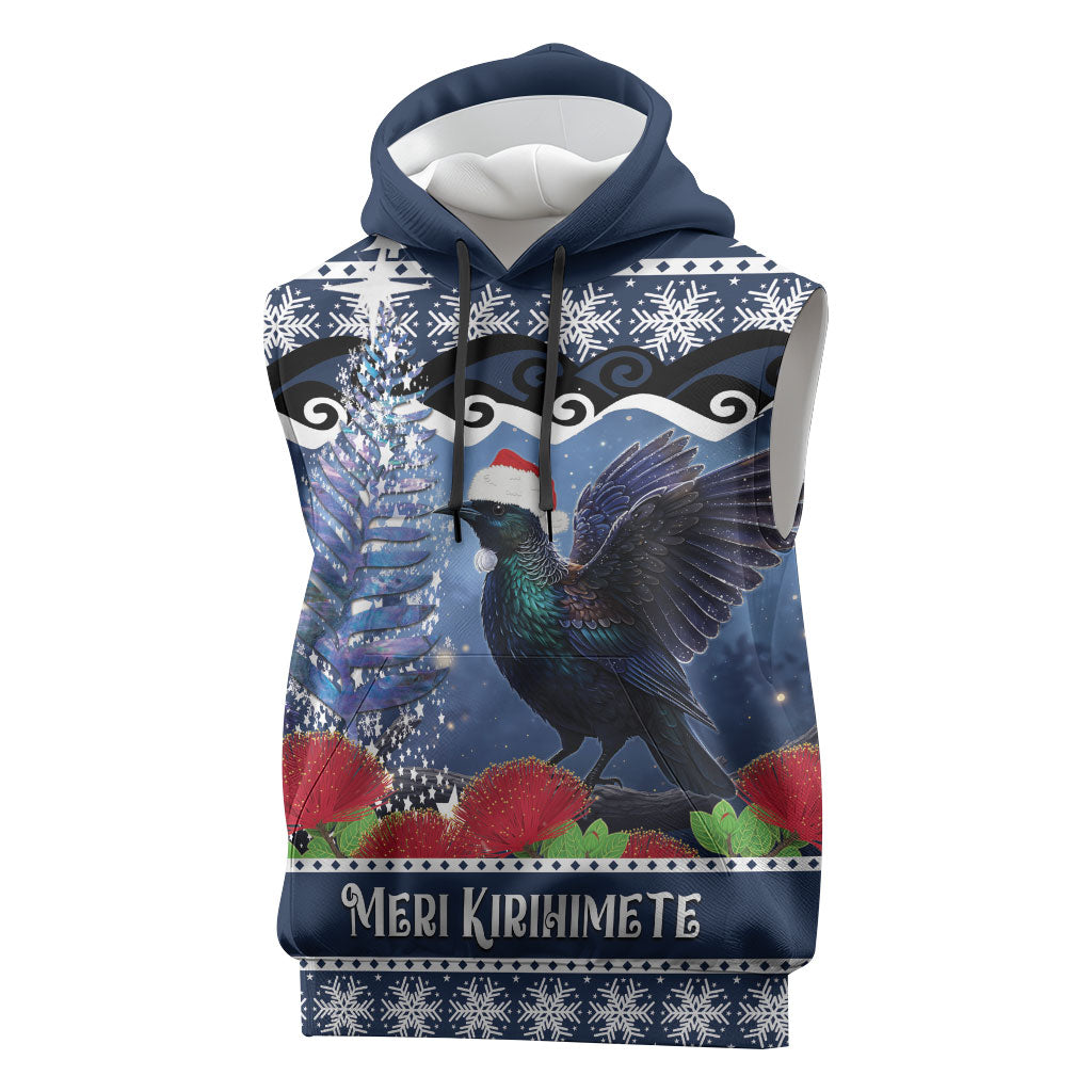 New Zealand Tui Bird Christmas Sleeveless Hoodie Pohutukawa Xmas Tree Meri Kirihimete LT22 Blue - Polynesian Pride