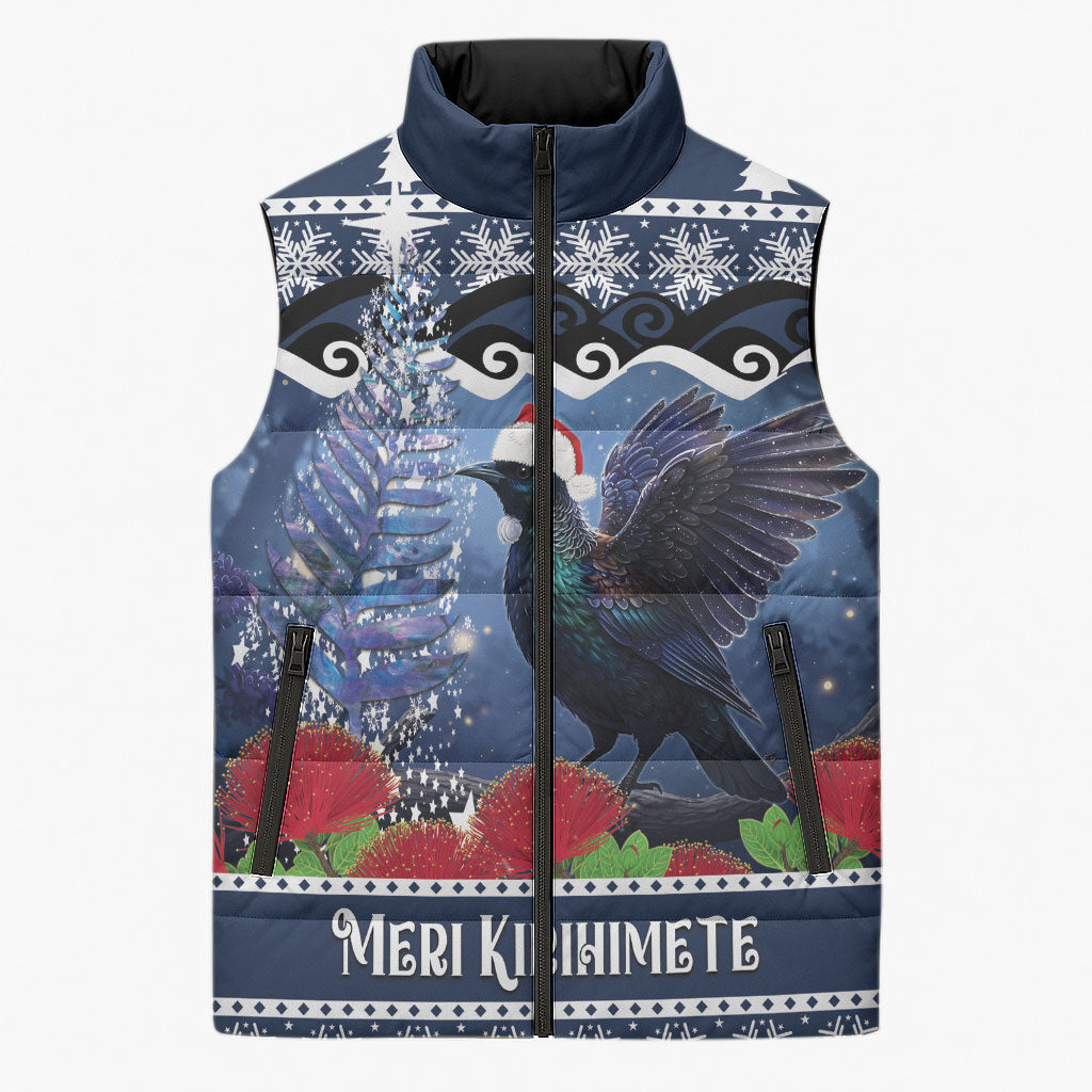 New Zealand Tui Bird Christmas Sleeveless Puffer Jacket Pohutukawa Xmas Tree Meri Kirihimete LT22 Unisex Blue - Polynesian Pride