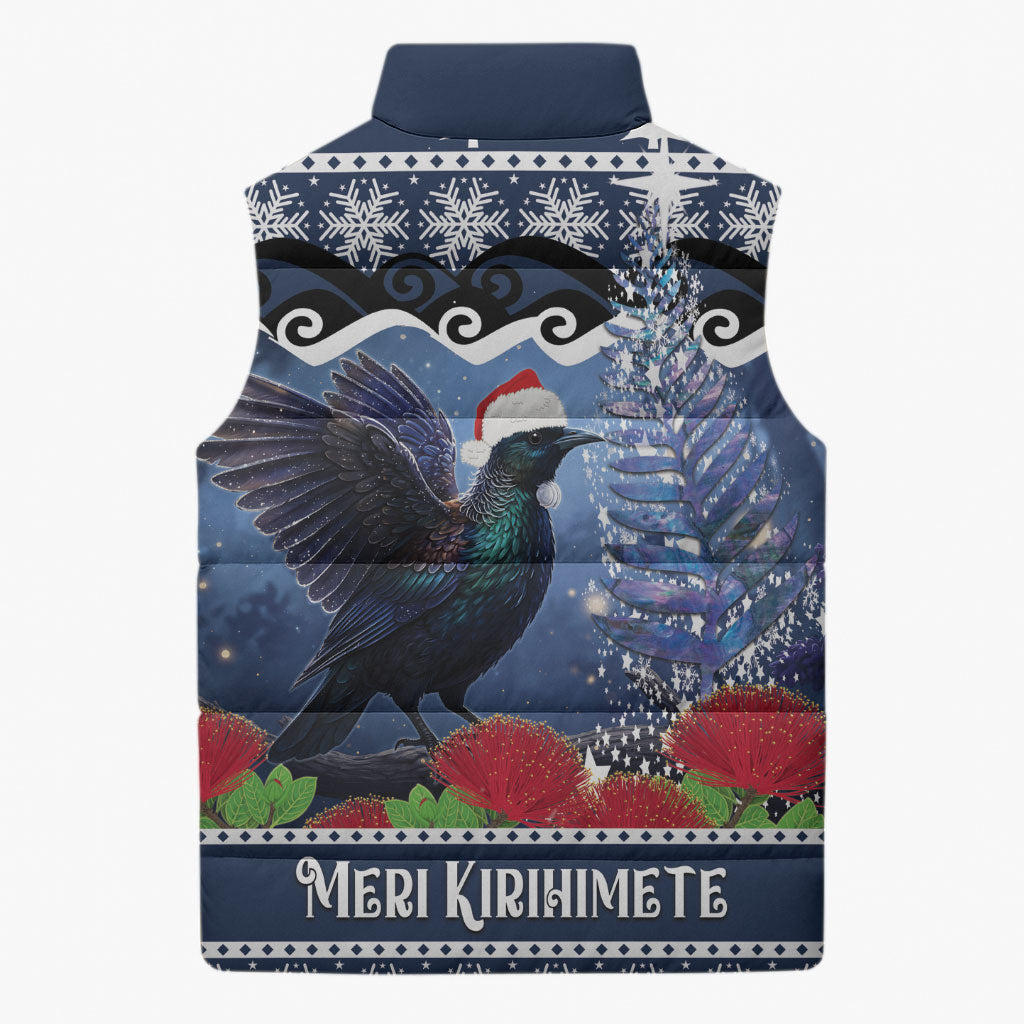 New Zealand Tui Bird Christmas Sleeveless Puffer Jacket Pohutukawa Xmas Tree Meri Kirihimete LT22 - Polynesian Pride