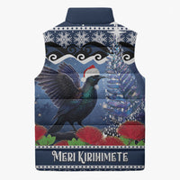 New Zealand Tui Bird Christmas Sleeveless Puffer Jacket Pohutukawa Xmas Tree Meri Kirihimete LT22 - Polynesian Pride