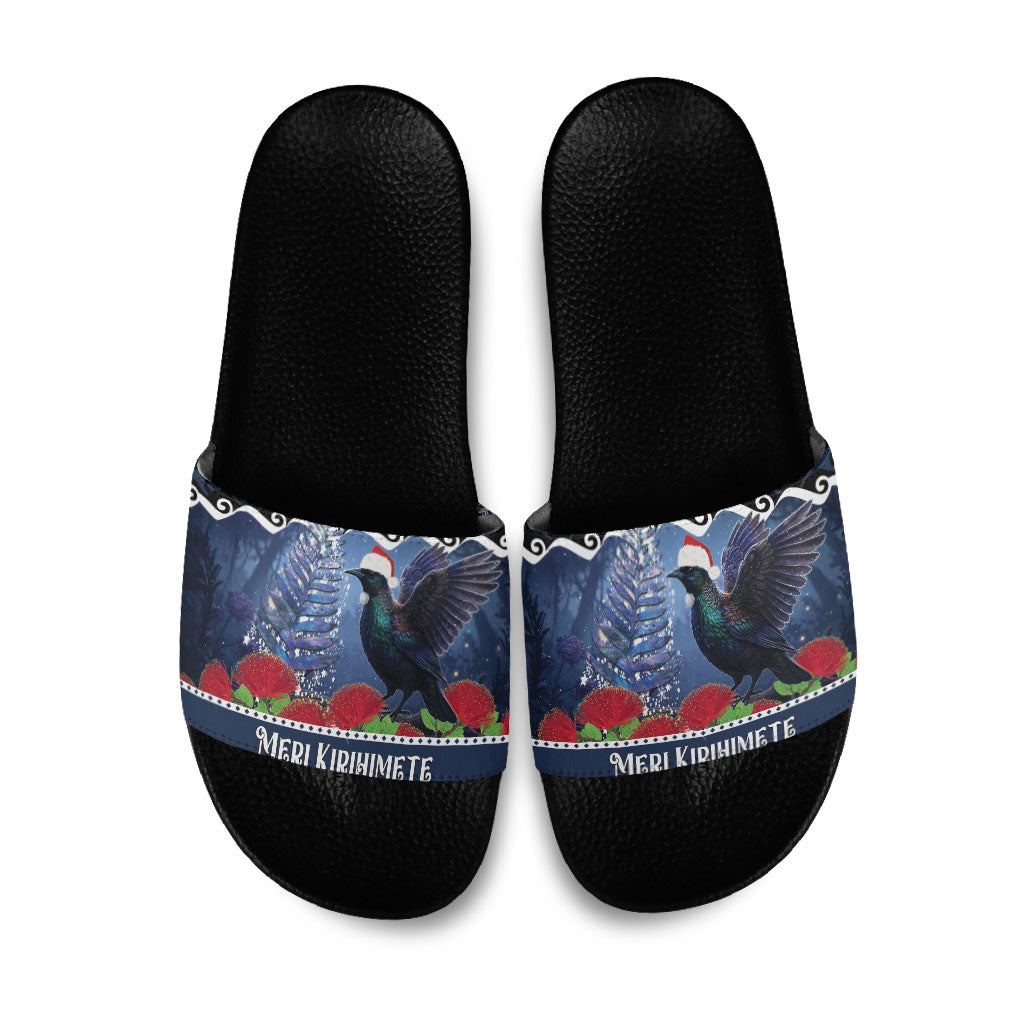 New Zealand Tui Bird Christmas Slide Sandals Pohutukawa Xmas Tree Meri Kirihimete LT22 Blue - Polynesian Pride