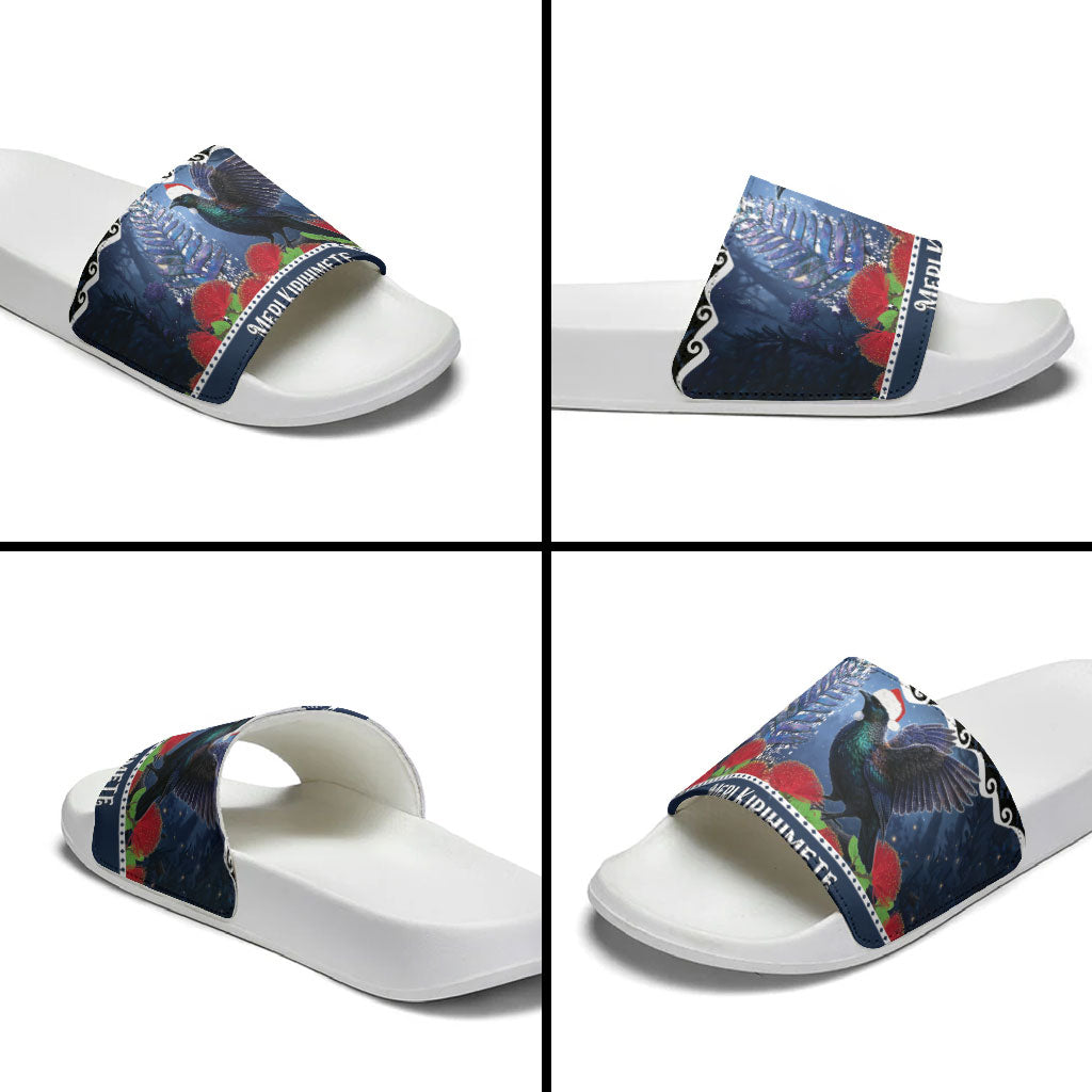 New Zealand Tui Bird Christmas Slide Sandals Pohutukawa Xmas Tree Meri Kirihimete LT22 - Polynesian Pride