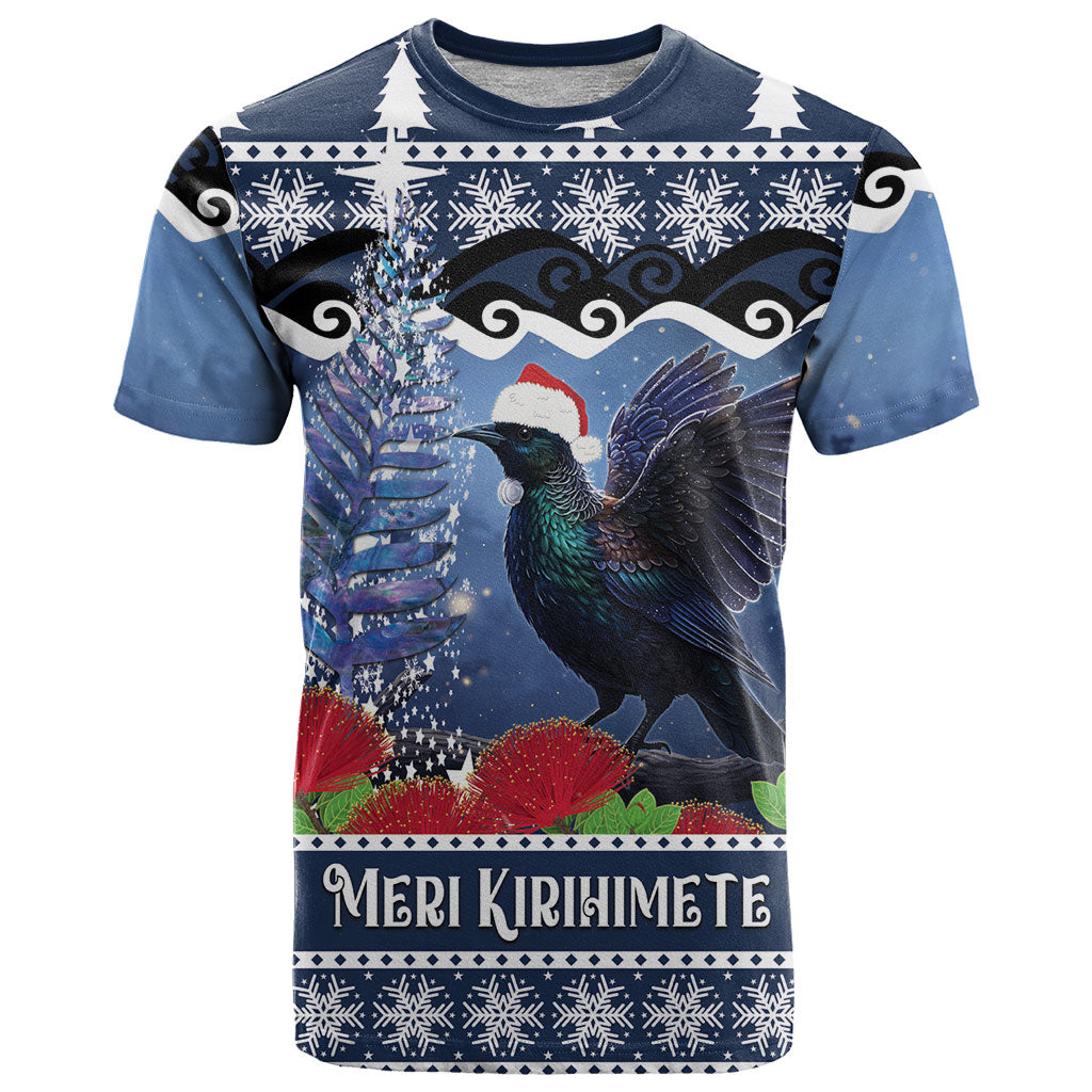 New Zealand Tui Bird Christmas T Shirt Pohutukawa Xmas Tree Meri Kirihimete LT22 Blue - Polynesian Pride