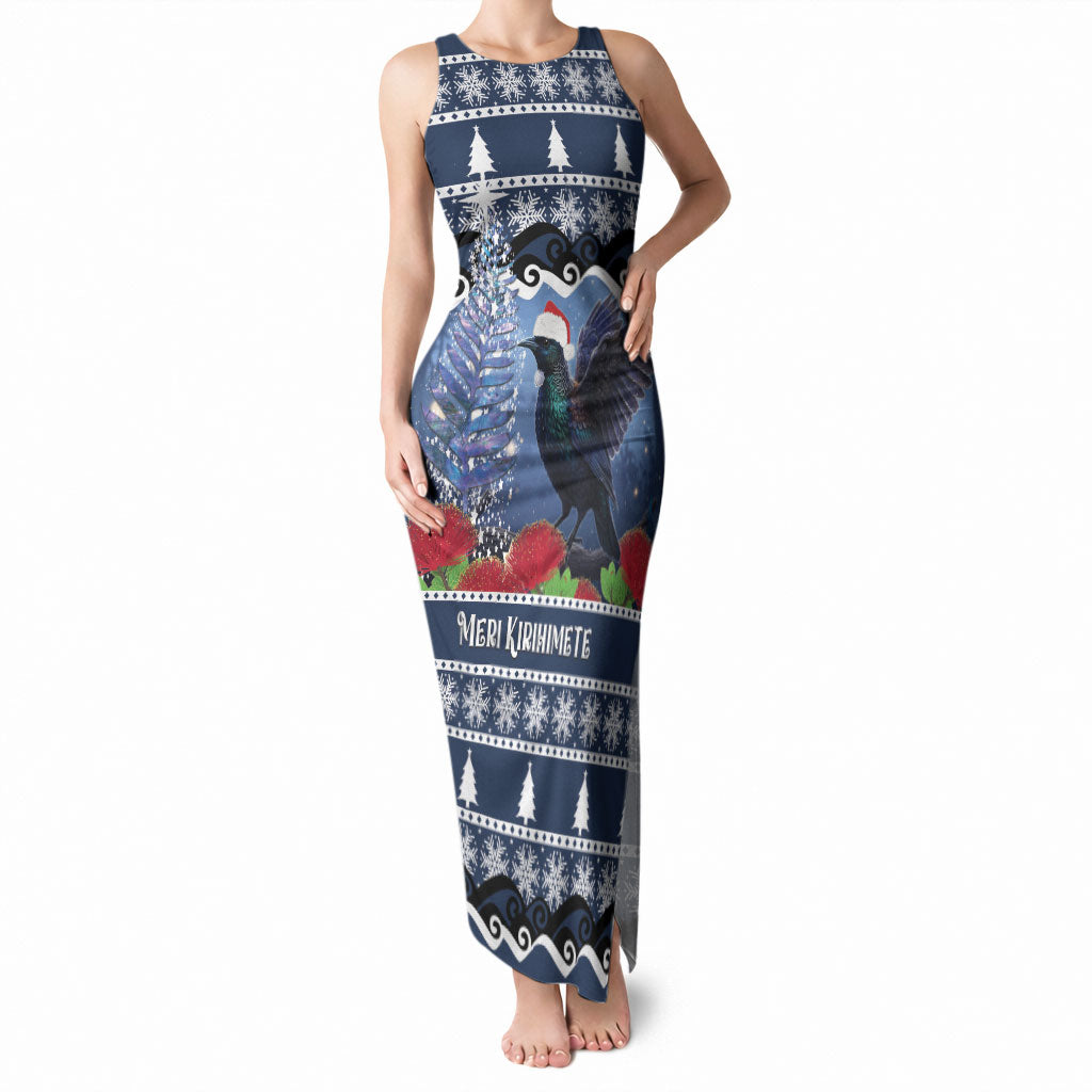 New Zealand Tui Bird Christmas Tank Maxi Dress Pohutukawa Xmas Tree Meri Kirihimete LT22 Women Blue - Polynesian Pride