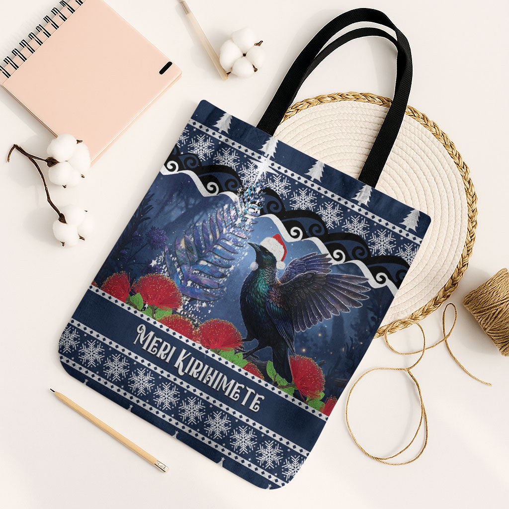 New Zealand Tui Bird Christmas Tote Bag Pohutukawa Xmas Tree Meri Kirihimete LT22 Black Strap One Size Blue - Polynesian Pride