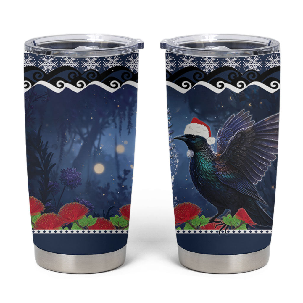 New Zealand Tui Bird Christmas Tumbler Cup Pohutukawa Xmas Tree Meri Kirihimete LT22 Blue - Polynesian Pride