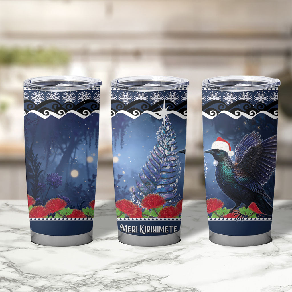 New Zealand Tui Bird Christmas Tumbler Cup Pohutukawa Xmas Tree Meri Kirihimete LT22 - Polynesian Pride