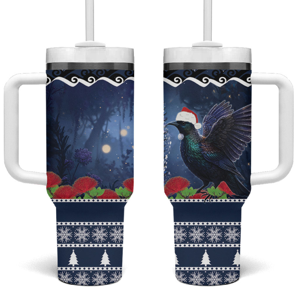 New Zealand Tui Bird Christmas Tumbler With Handle Pohutukawa Xmas Tree Meri Kirihimete LT22 One Size: 40 oz Blue - Polynesian Pride