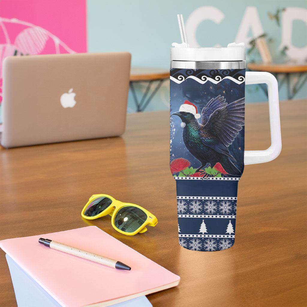 New Zealand Tui Bird Christmas Tumbler With Handle Pohutukawa Xmas Tree Meri Kirihimete LT22 - Polynesian Pride