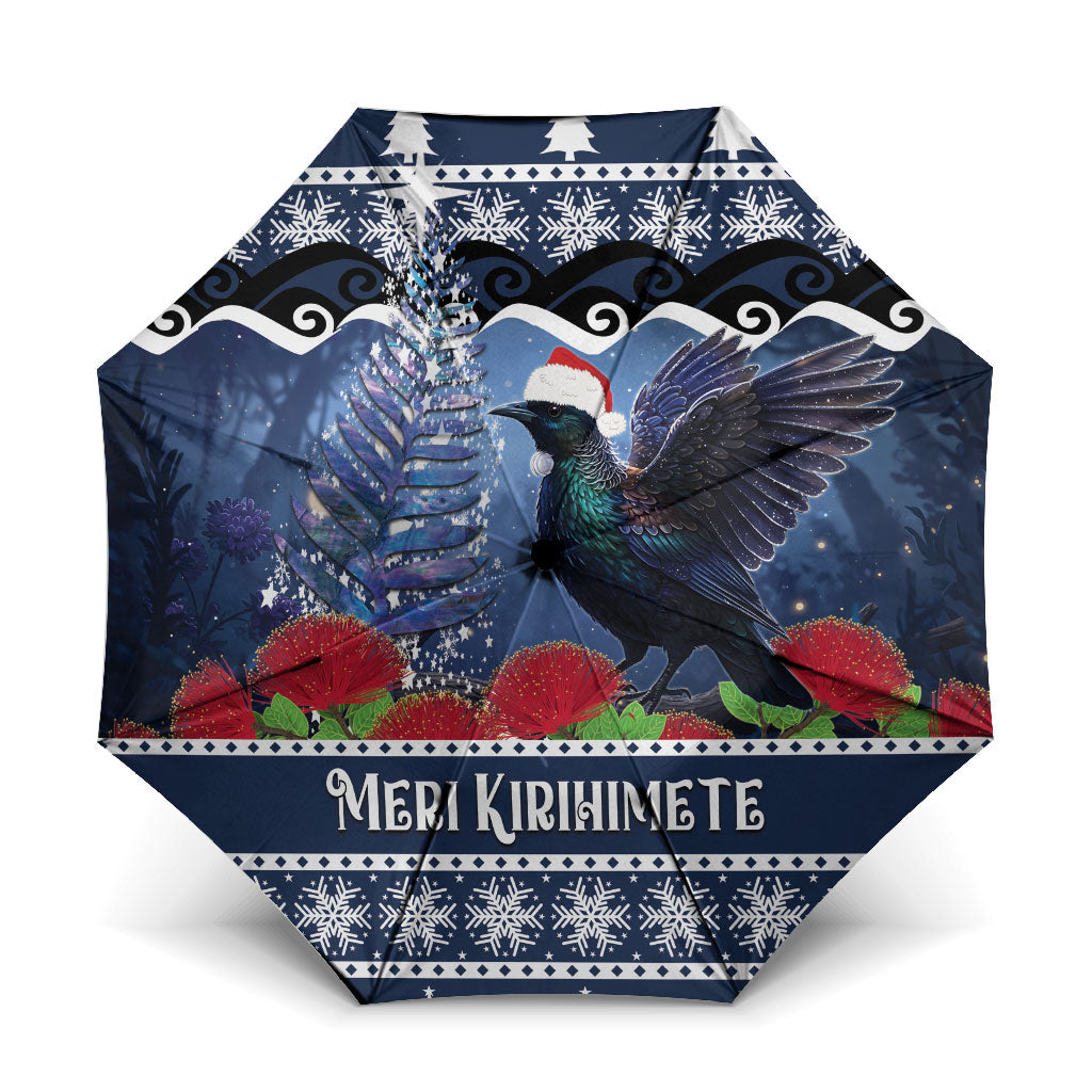 New Zealand Tui Bird Christmas Umbrella Pohutukawa Xmas Tree Meri Kirihimete LT22 One Size Folded 11.42 inch Opened Diameter 37.4 inch Blue - Polynesian Pride