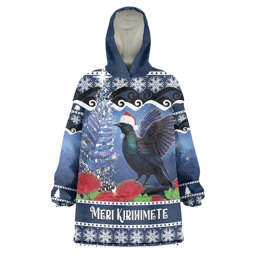 New Zealand Tui Bird Christmas Wearable Blanket Hoodie Pohutukawa Xmas Tree Meri Kirihimete LT22 One Size Blue - Polynesian Pride