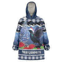 New Zealand Tui Bird Christmas Wearable Blanket Hoodie Pohutukawa Xmas Tree Meri Kirihimete LT22 One Size Blue - Polynesian Pride