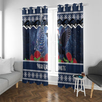 New Zealand Tui Bird Christmas Window Curtain Pohutukawa Xmas Tree Meri Kirihimete LT22 With Grommets Blue - Polynesian Pride