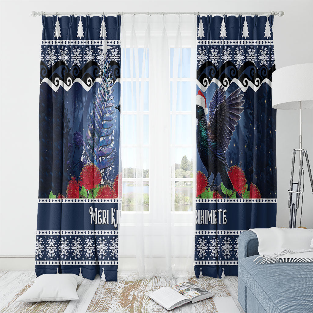 New Zealand Tui Bird Christmas Window Curtain Pohutukawa Xmas Tree Meri Kirihimete LT22 - Polynesian Pride