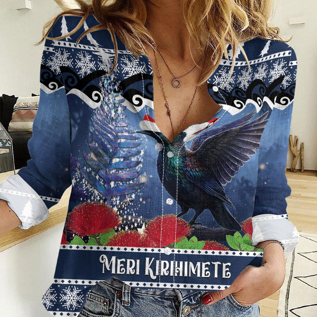 New Zealand Tui Bird Christmas Women Casual Shirt Pohutukawa Xmas Tree Meri Kirihimete LT22 Female Blue - Polynesian Pride