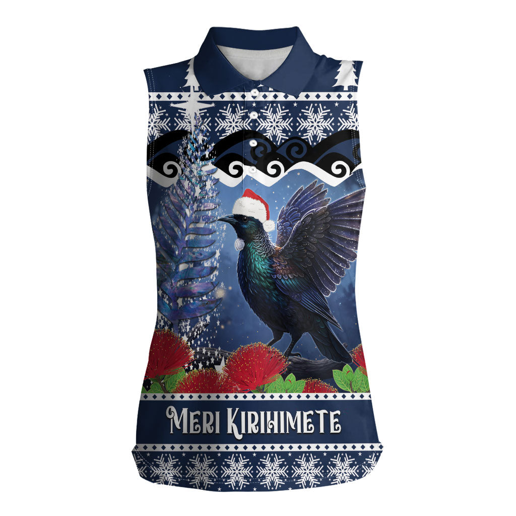 New Zealand Tui Bird Christmas Women Sleeveless Polo Shirt Pohutukawa Xmas Tree Meri Kirihimete LT22 Female Blue - Polynesian Pride