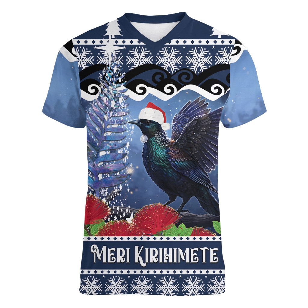 New Zealand Tui Bird Christmas Women V-Neck T-Shirt Pohutukawa Xmas Tree Meri Kirihimete LT22 Female Blue - Polynesian Pride