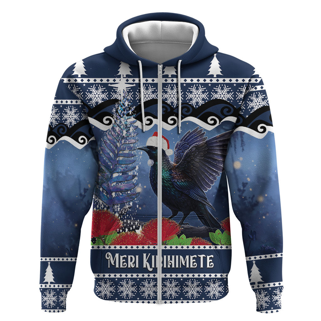 New Zealand Tui Bird Christmas Zip Hoodie Pohutukawa Xmas Tree Meri Kirihimete LT22 Zip Hoodie Blue - Polynesian Pride