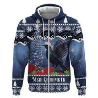 New Zealand Tui Bird Christmas Zip Hoodie Pohutukawa Xmas Tree Meri Kirihimete LT22 Zip Hoodie Blue - Polynesian Pride