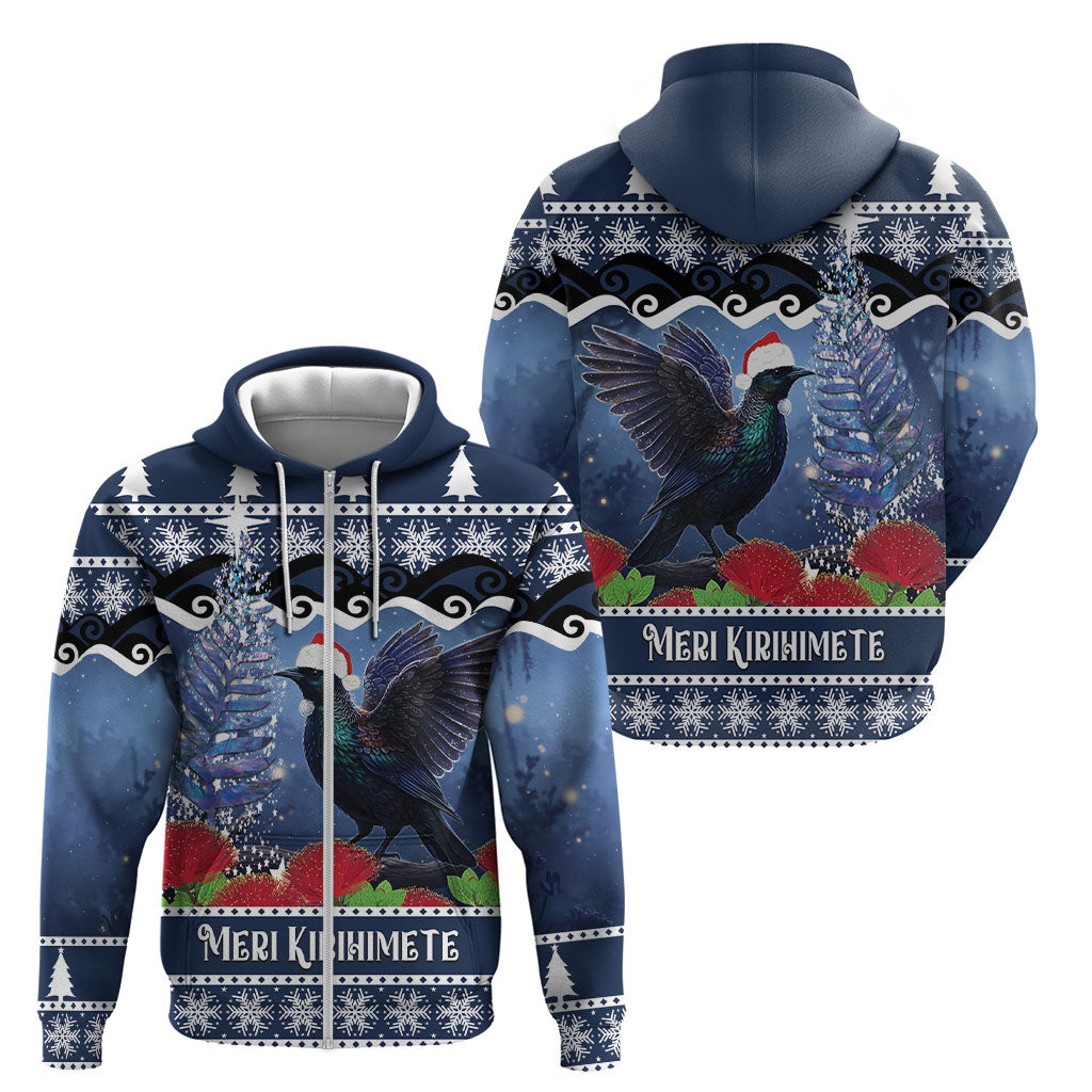 New Zealand Tui Bird Christmas Zip Hoodie Pohutukawa Xmas Tree Meri Kirihimete LT22 - Polynesian Pride
