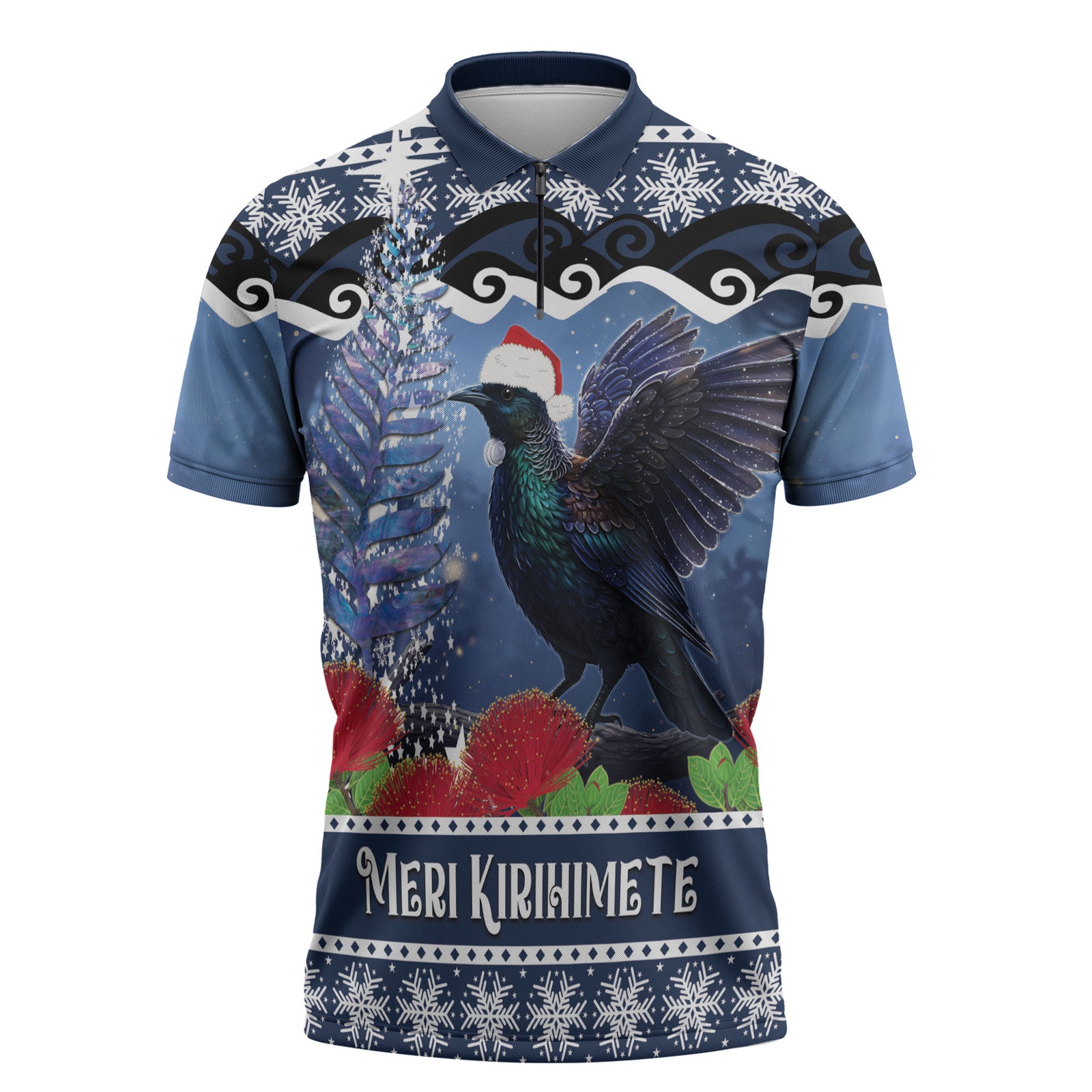 New Zealand Tui Bird Christmas Zipper Polo Shirt Pohutukawa Xmas Tree Meri Kirihimete LT22 Blue - Polynesian Pride