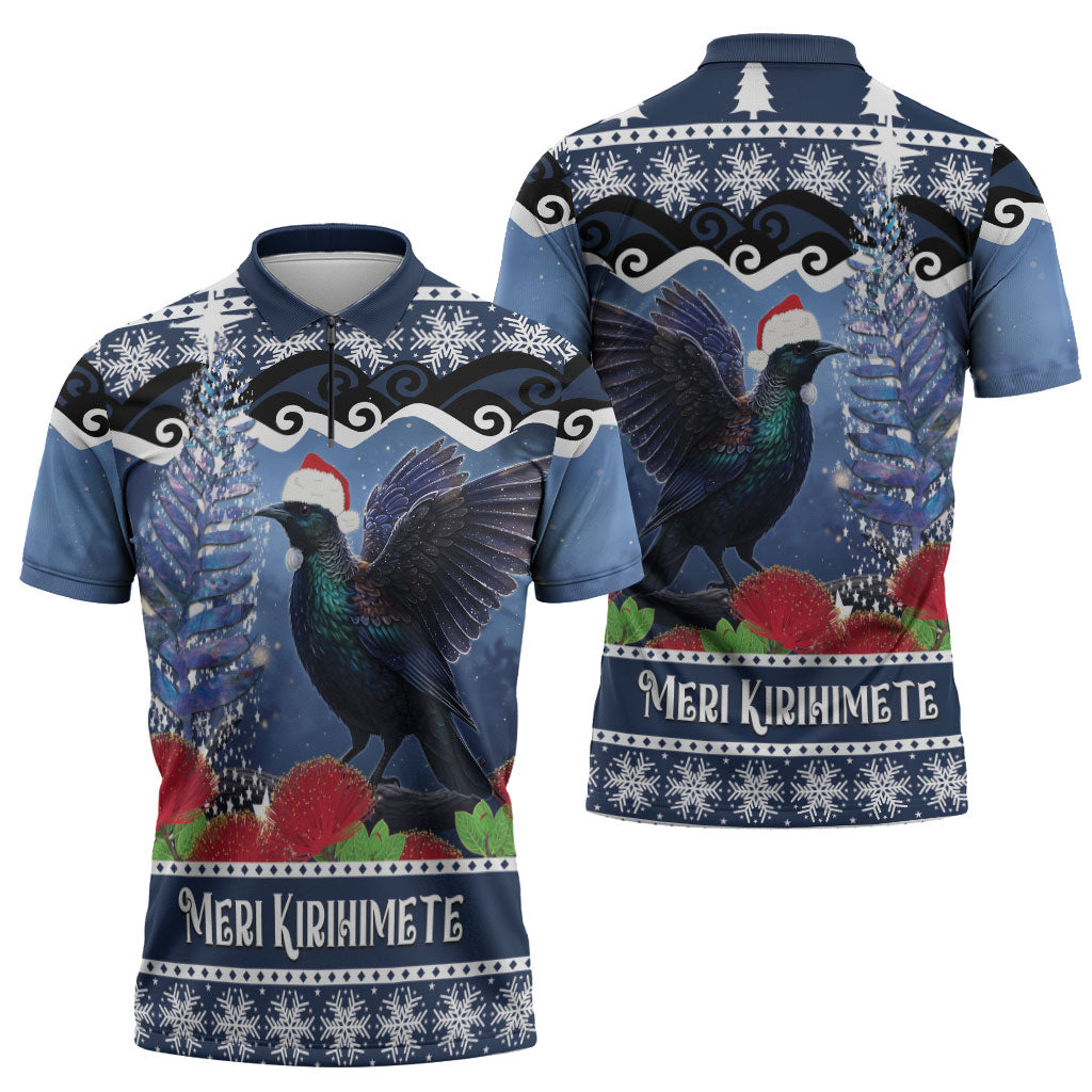 New Zealand Tui Bird Christmas Zipper Polo Shirt Pohutukawa Xmas Tree Meri Kirihimete LT22 - Polynesian Pride