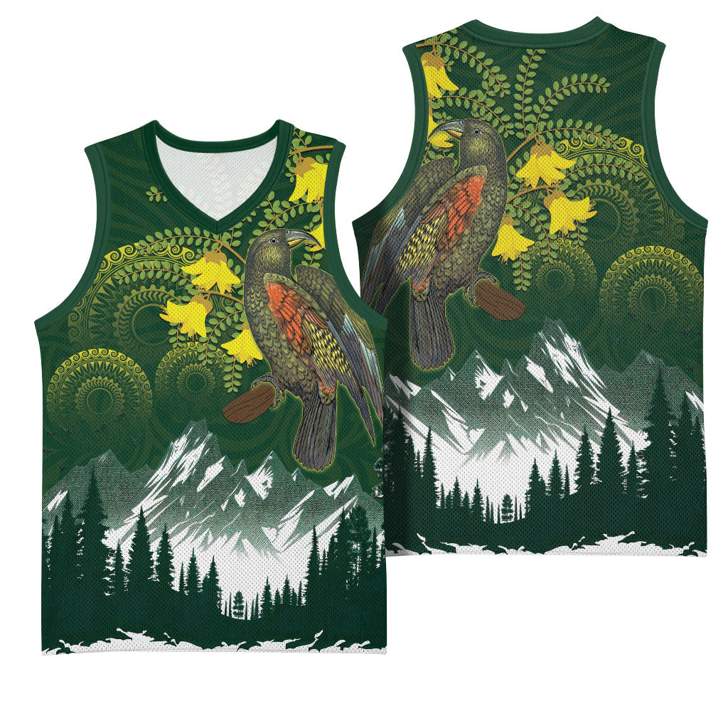 Kea Bird Kowhai New Zealand Basketball Jersey Mountain Landscape Maori Art LT22 - Polynesian Pride