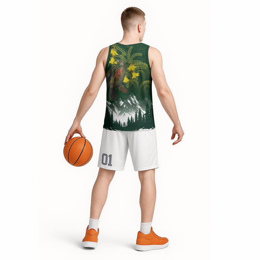 Kea Bird Kowhai New Zealand Basketball Jersey Mountain Landscape Maori Art LT22 - Polynesian Pride