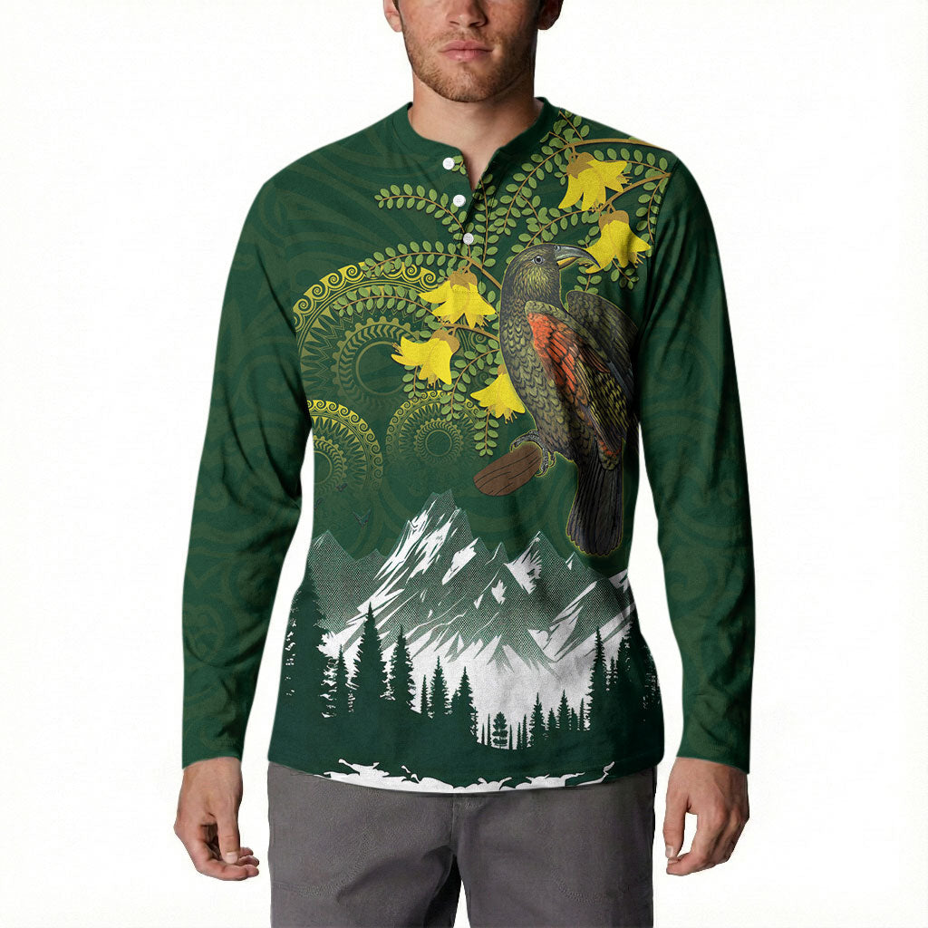 Kea Bird Kowhai New Zealand Button Sweatshirt Mountain Landscape Maori Art