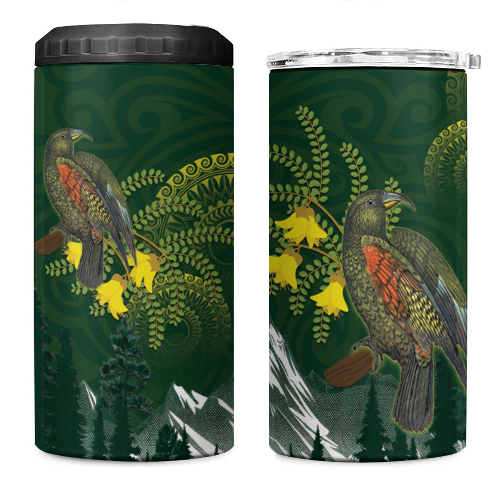 Kea Bird Kowhai New Zealand 4 in 1 Can Cooler Tumbler Mountain Landscape Maori Art