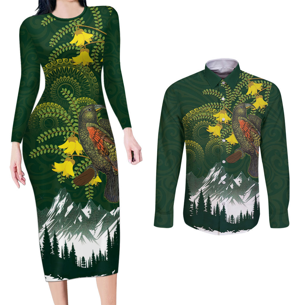 Kea Bird Kowhai New Zealand Couples Matching Long Sleeve Bodycon Dress and Long Sleeve Button Shirt Mountain Landscape Maori Art