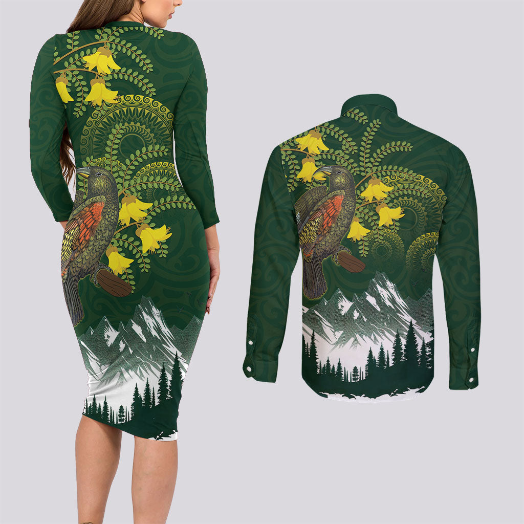 Kea Bird Kowhai New Zealand Couples Matching Long Sleeve Bodycon Dress and Long Sleeve Button Shirt Mountain Landscape Maori Art LT22 - Polynesian Pride