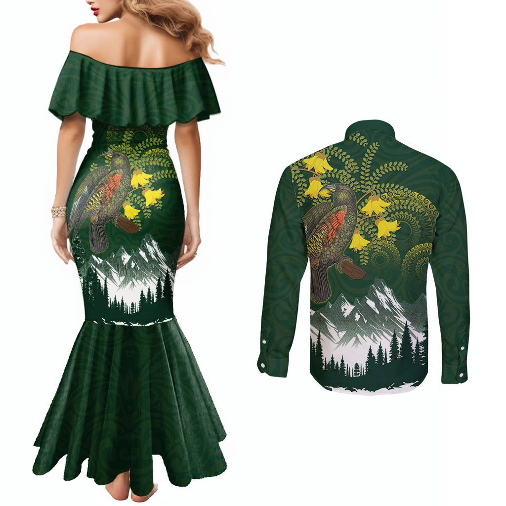 Kea Bird Kowhai New Zealand Couples Matching Mermaid Dress and Long Sleeve Button Shirt Mountain Landscape Maori Art LT22 - Polynesian Pride