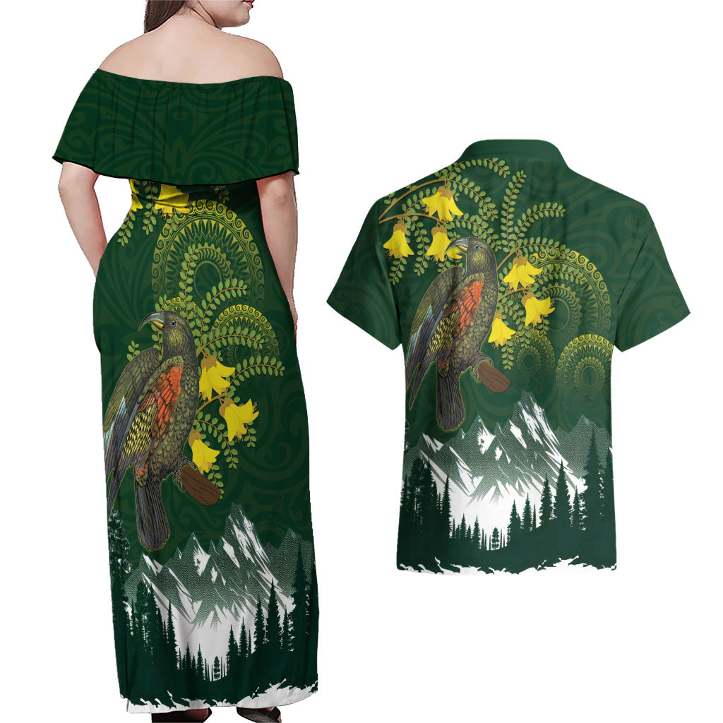 Kea Bird Kowhai New Zealand Couples Matching Off Shoulder Maxi Dress and Hawaiian Shirt Mountain Landscape Maori Art LT22 - Polynesian Pride