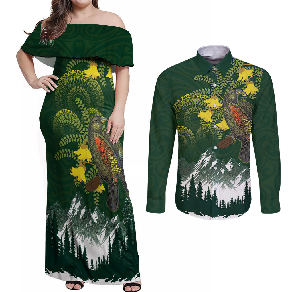 Kea Bird Kowhai New Zealand Couples Matching Off Shoulder Maxi Dress and Long Sleeve Button Shirt Mountain Landscape Maori Art LT22 Green - Polynesian Pride