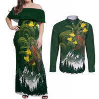 Kea Bird Kowhai New Zealand Couples Matching Off Shoulder Maxi Dress and Long Sleeve Button Shirt Mountain Landscape Maori Art LT22 Green - Polynesian Pride