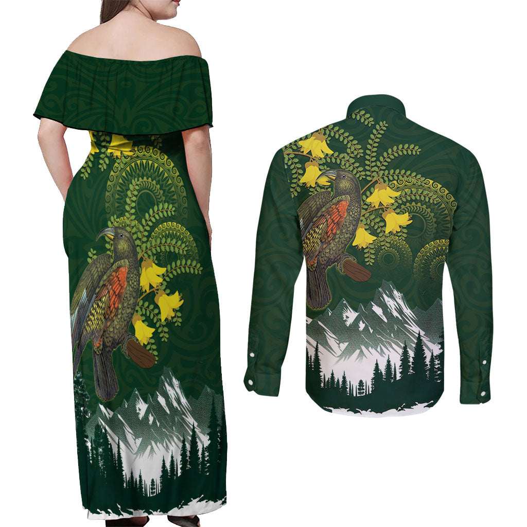 Kea Bird Kowhai New Zealand Couples Matching Off Shoulder Maxi Dress and Long Sleeve Button Shirt Mountain Landscape Maori Art LT22 - Polynesian Pride